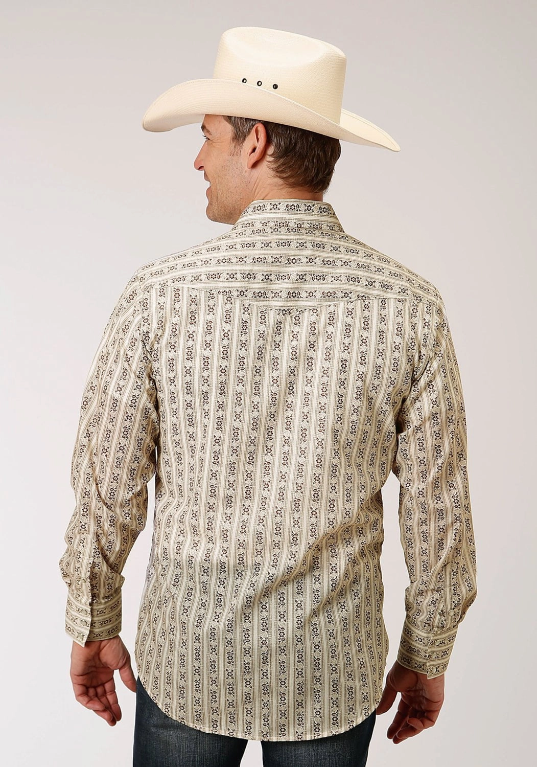 Reinforced Seams Non-irritating Roper Mens Cream/Brown Cotton Blend Wallpaper L/S Shirt