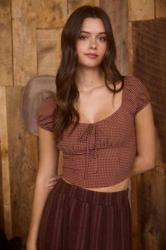 CushionedSupport NonChafeCollarTech Charlotte Plaid Front Tie Short Sleeve Crop Top