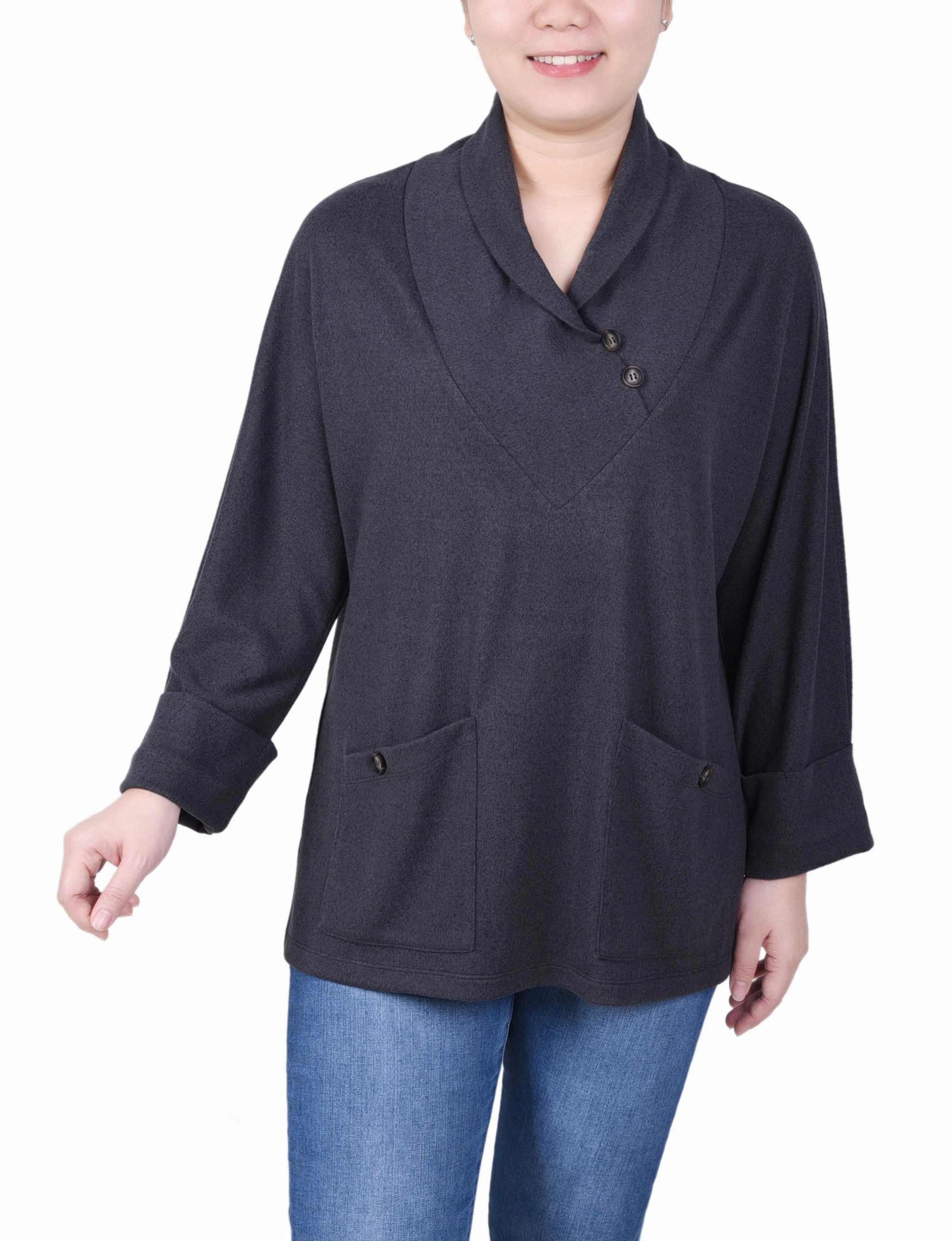 Fashion Statement Long Sleeve Shawl Collar Top With Pockets