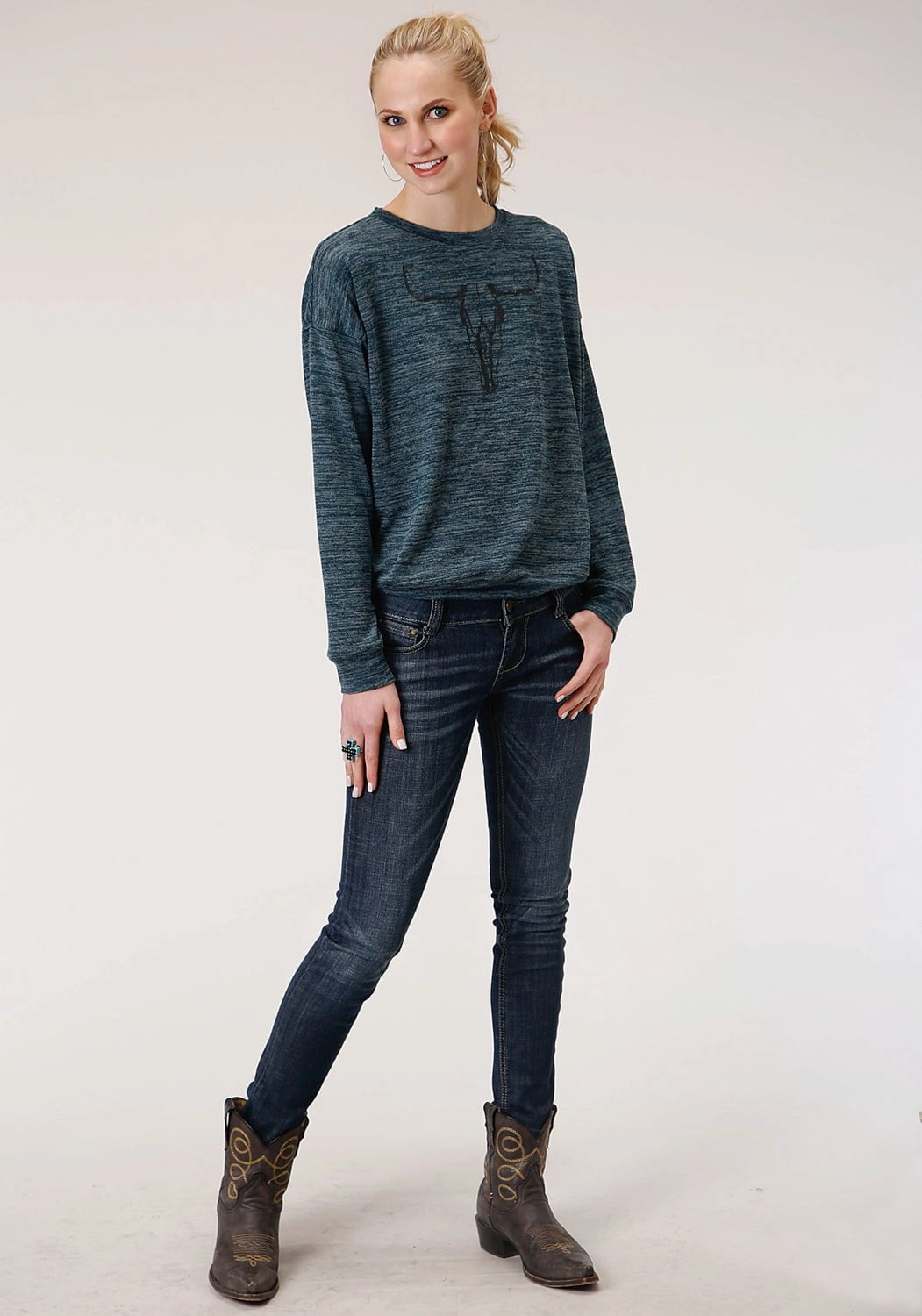 Roper Womens Teal Cotton Blend Longhorn Knit Sweatshirt Friction Reducing Lining Smooth Zipper Action