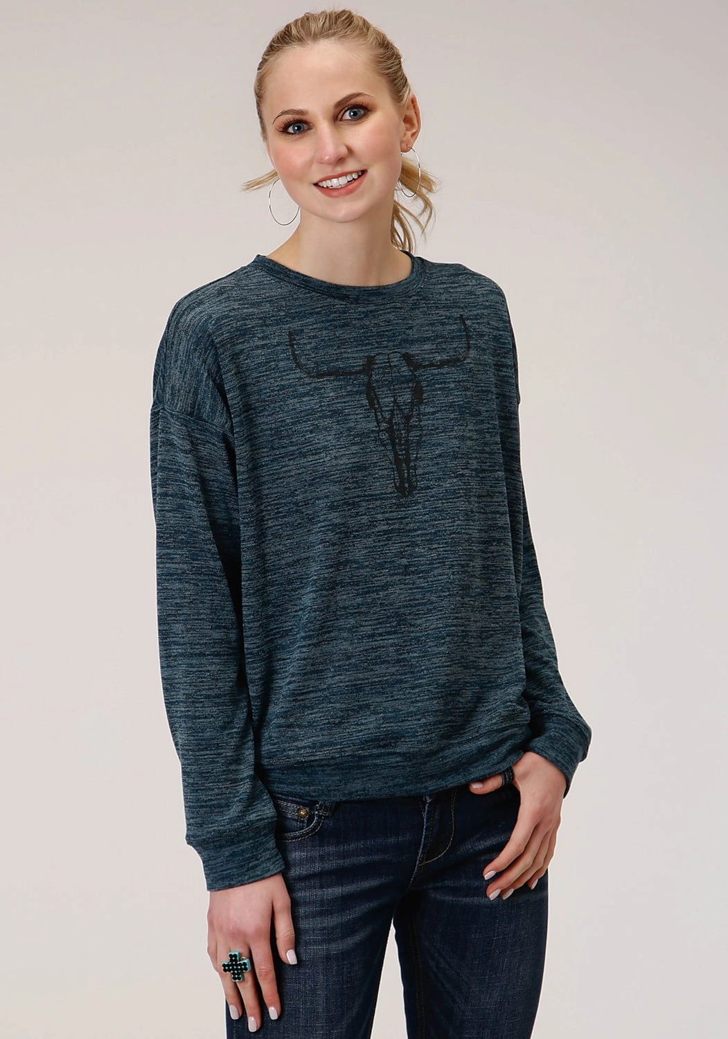 Roper Womens Teal Cotton Blend Longhorn Knit Sweatshirt Flexible Joint Articulation