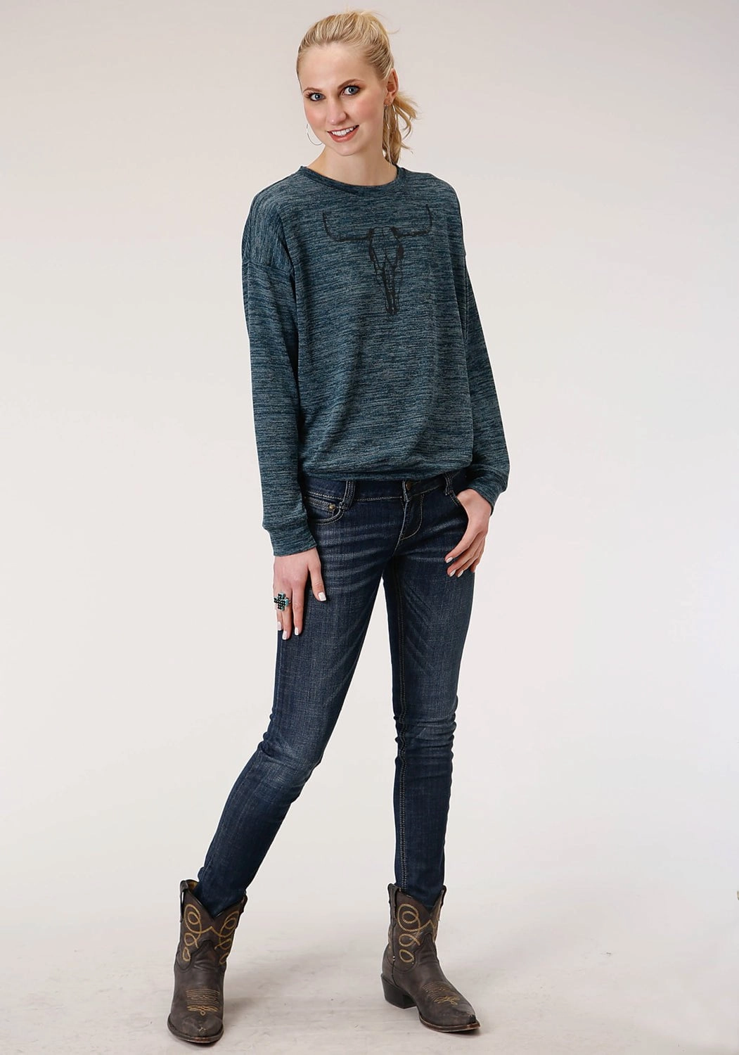 Roper Womens Teal Cotton Blend Longhorn Knit Sweatshirt light layering Comfortable Knit