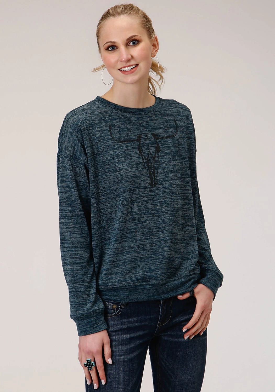 Roper Womens Teal Cotton Blend Longhorn Knit Sweatshirt Warm Layers Flex Knit Ribbing