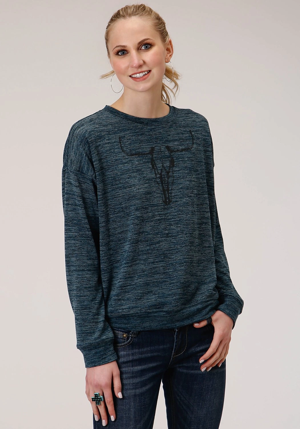 Fashion Ready Comfy clothing Roper Womens Teal Cotton Blend Longhorn Knit Sweatshirt