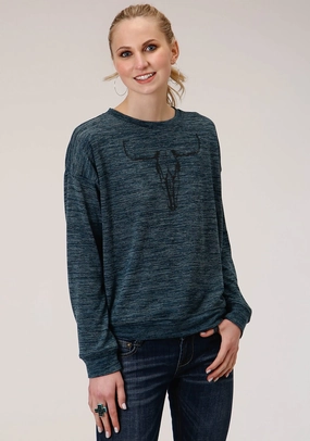 Roper Womens Teal Cotton Blend Longhorn Knit Sweatshirt Convertible Collar Style