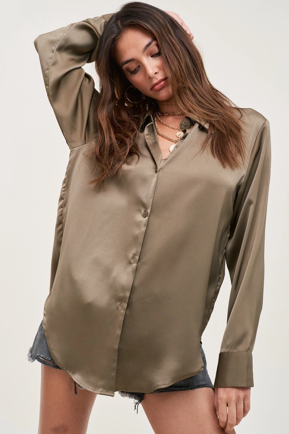 Non Restrictive Fit Paris Silky Button Down Top