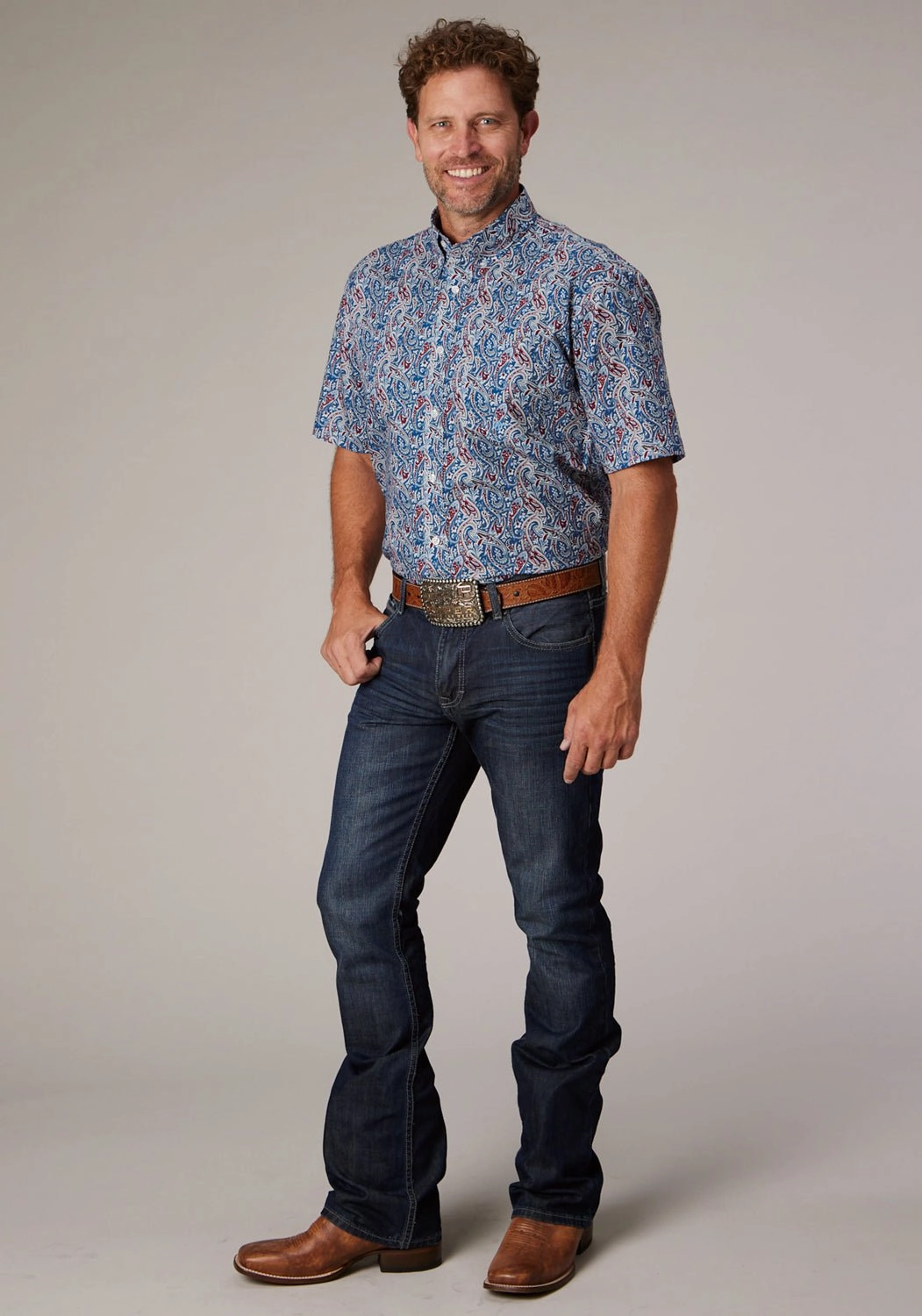 Fitted Design Roper Mens 2024 River Paisley Blue 100% Cotton 1 Pkt S/S Shirt