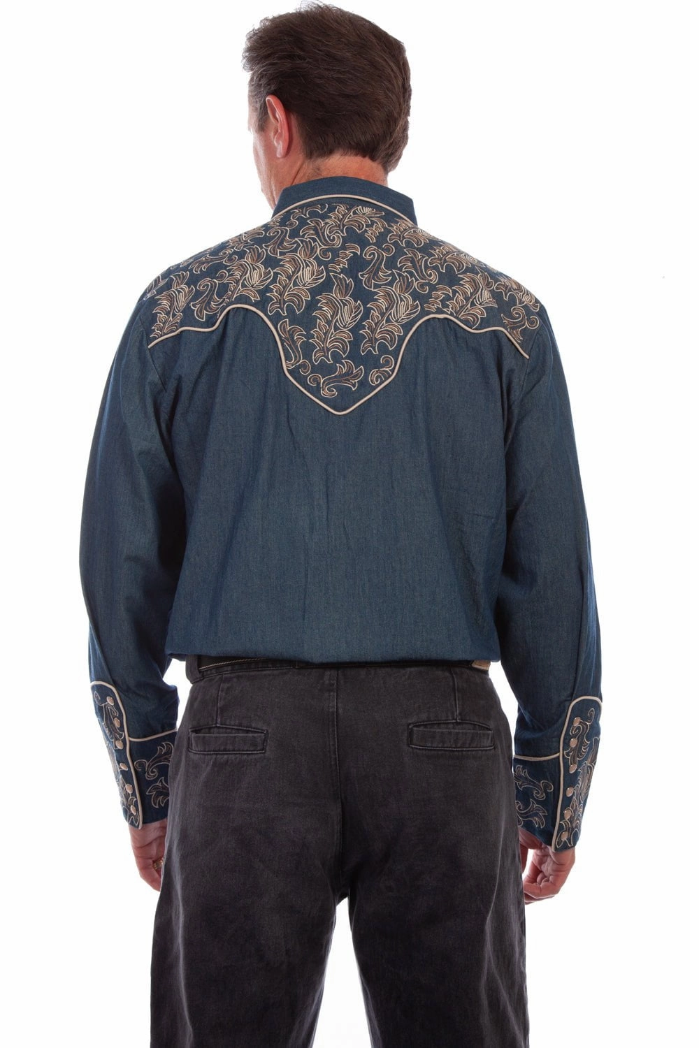 Anti Pill Technology Glossy Texture Scully Mens Denim 100% Cotton Leafy Scroll L/S Shirt