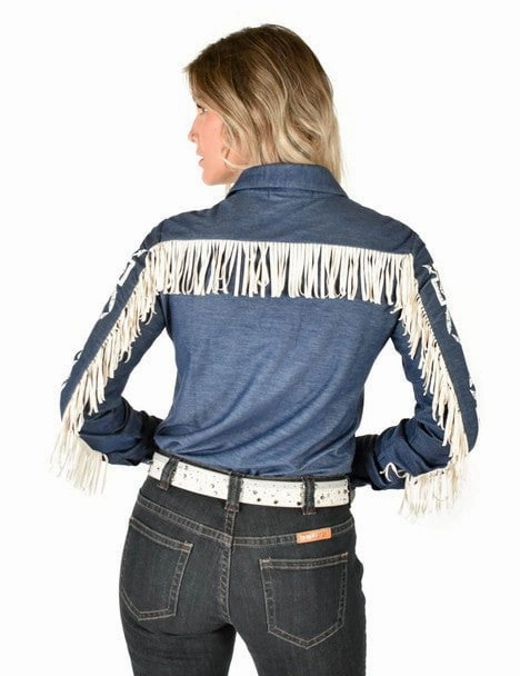 Performance Fabric Cowgirl Tuff Womens Cream Aztec Fringe Denim Rayon/Poly L/S Shirt