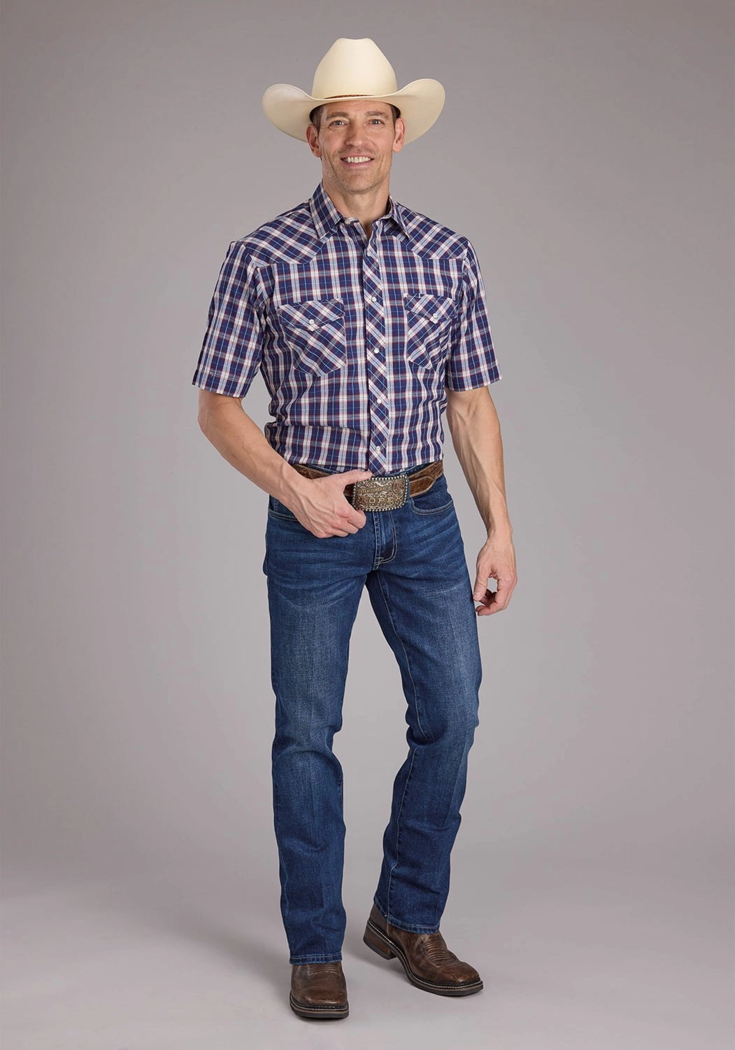 Roper Mens 2414 Multi Plaid Blue Cotton Blend S/S Shirt Odor Control Technology Brushed Inner Lining