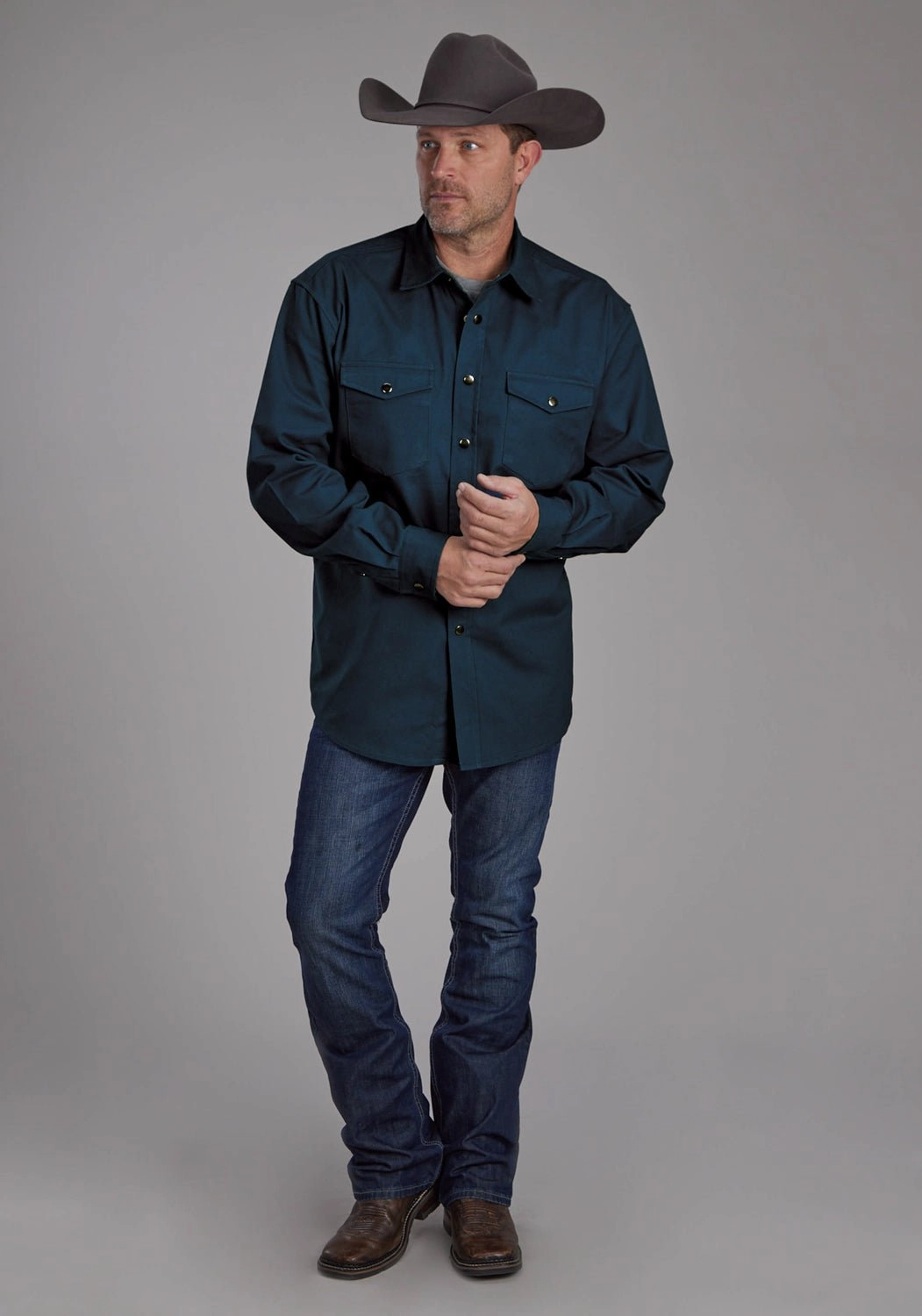 Roper Mens Brushed Twill Teal 100% Cotton L/S Shirt Anniversary Celebration Cultural Inspired