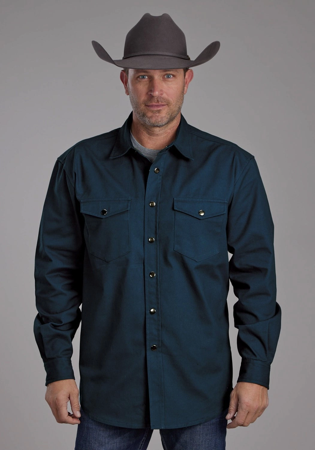 Matte Finish All-Season Wear Roper Mens Brushed Twill Teal 100% Cotton L/S Shirt