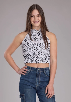 Roper Womens Floral Eyelet Western White/Black 100% Cotton S/L Halter Top Layering Piece