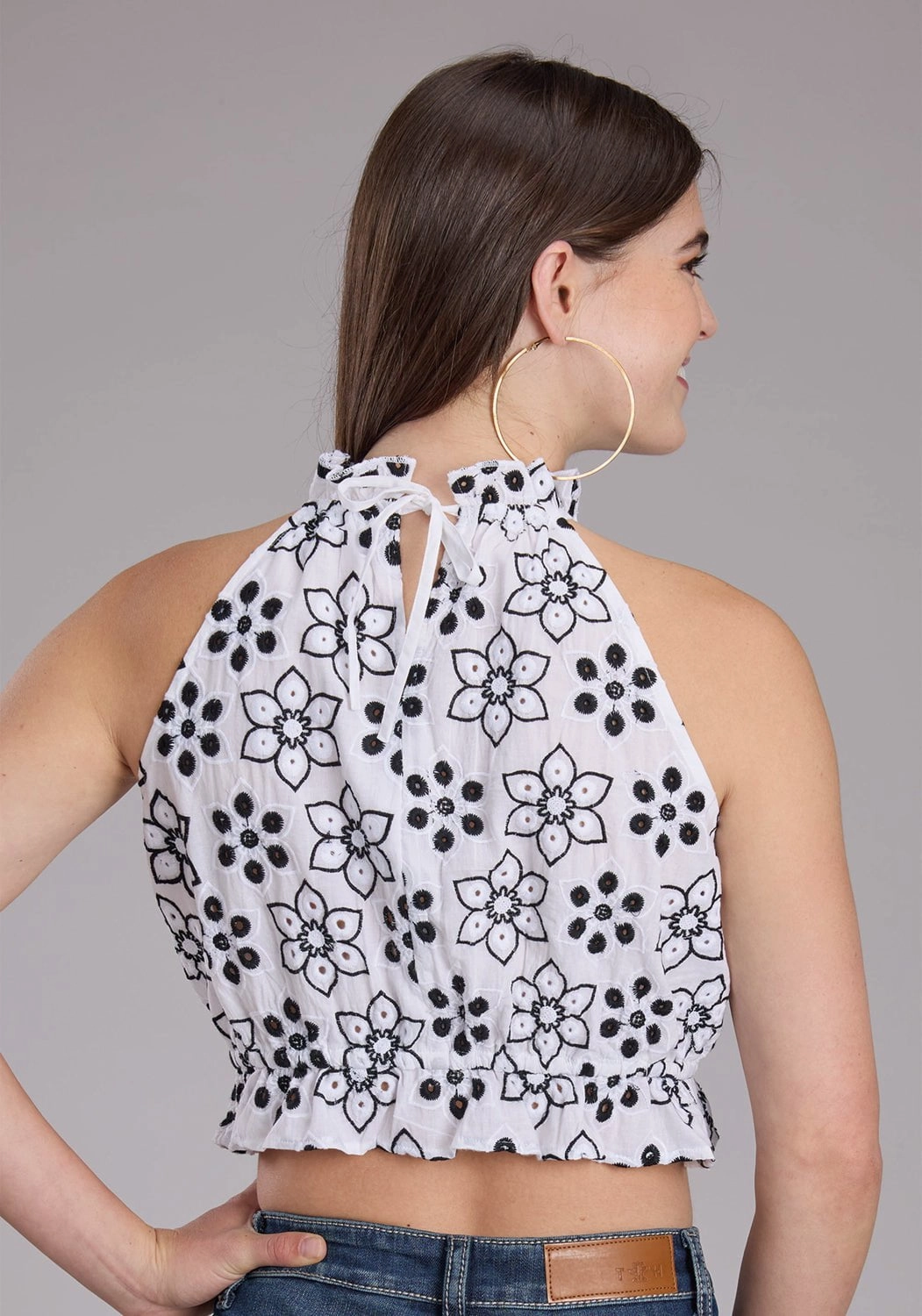 Thermoregulating Layer Roper Womens Floral Eyelet Western White/Black 100% Cotton S/L Halter Top