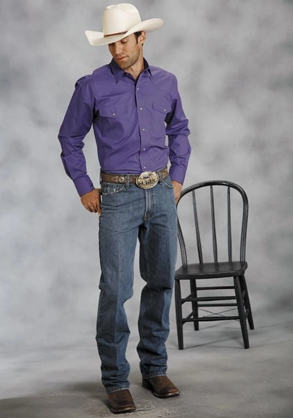 Roper Mens Purple 100% Cotton L/S Tall Snap Solid Poplin Western Shirt Static Dissipating Fiber