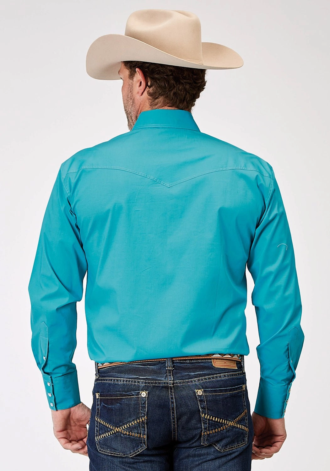 Embellished Neckline high-low hem Roper Mens Stretch Poplin Turquoise Cotton Blend Tall L/S Shirt