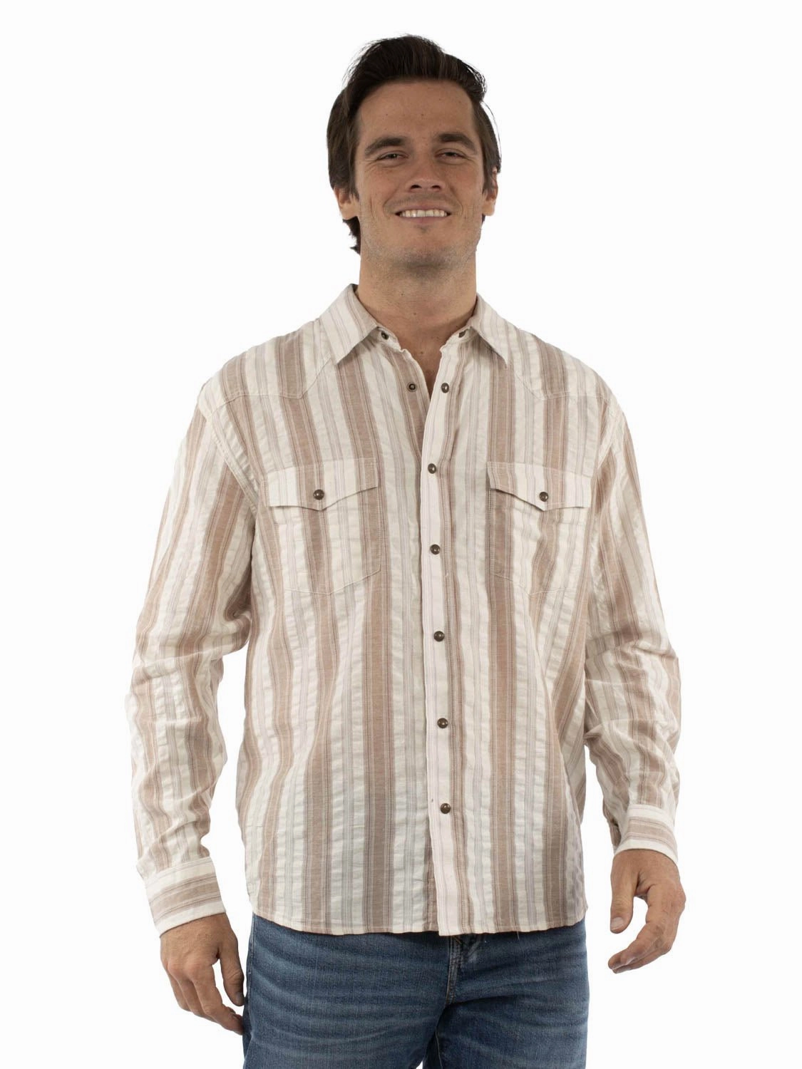 Scully Mens Western Stripe Seersucker Tan 100% Cotton L/S Shirt Button-up