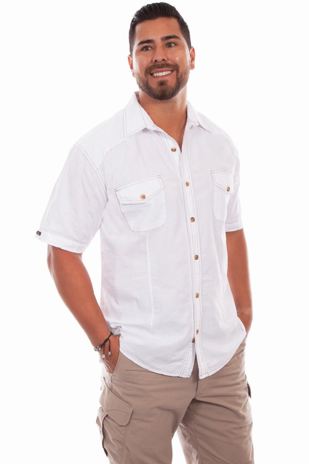 Scully Mens White 100% Cotton Beechwood S/S Shirt Interview Ready Eco Dye Technique