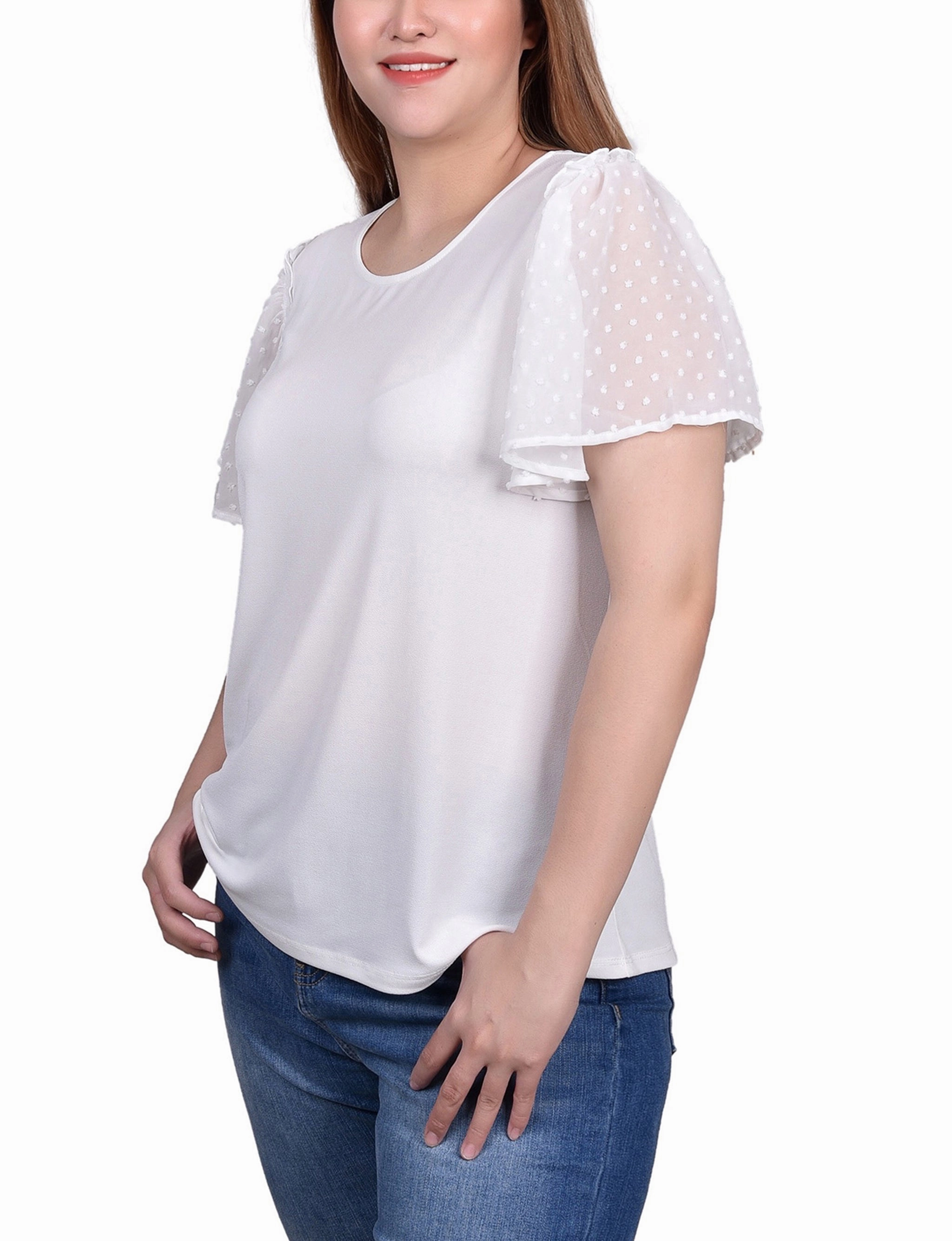 Clip Dot Flutter Sleeve Top Stylish Look Hybrid Fabric Blend