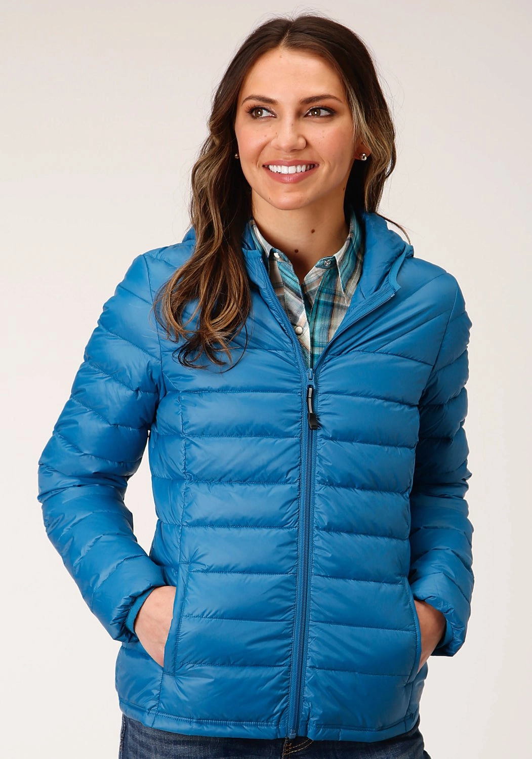 High Density Weave wrinkle free finish Roper Womens Teal Blue Nylon Crushable Hooded Down Coat