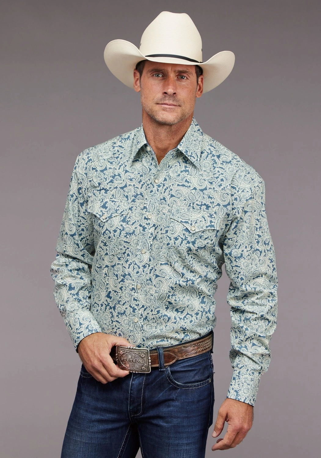 Smooth Stitch Pattern Lace Accent Stetson Mens 2034 Tonal Paisley Blue 100% Cotton L/S Shirt