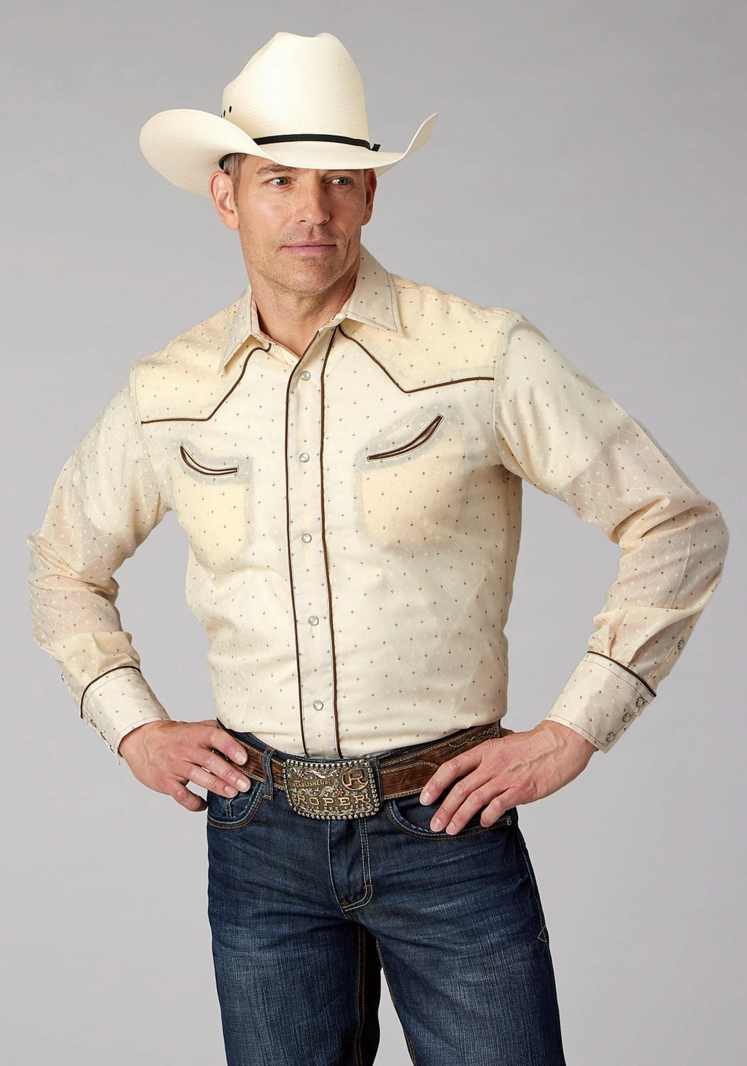 Tailored Silhouette Holiday Special Roper Mens Diamond Wallpaper Cream/White Cotton Blend L/S Shirt