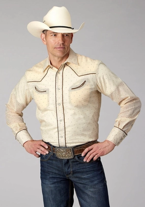 Tailored Silhouette Holiday Special Roper Mens Diamond Wallpaper Cream/White Cotton Blend L/S Shirt