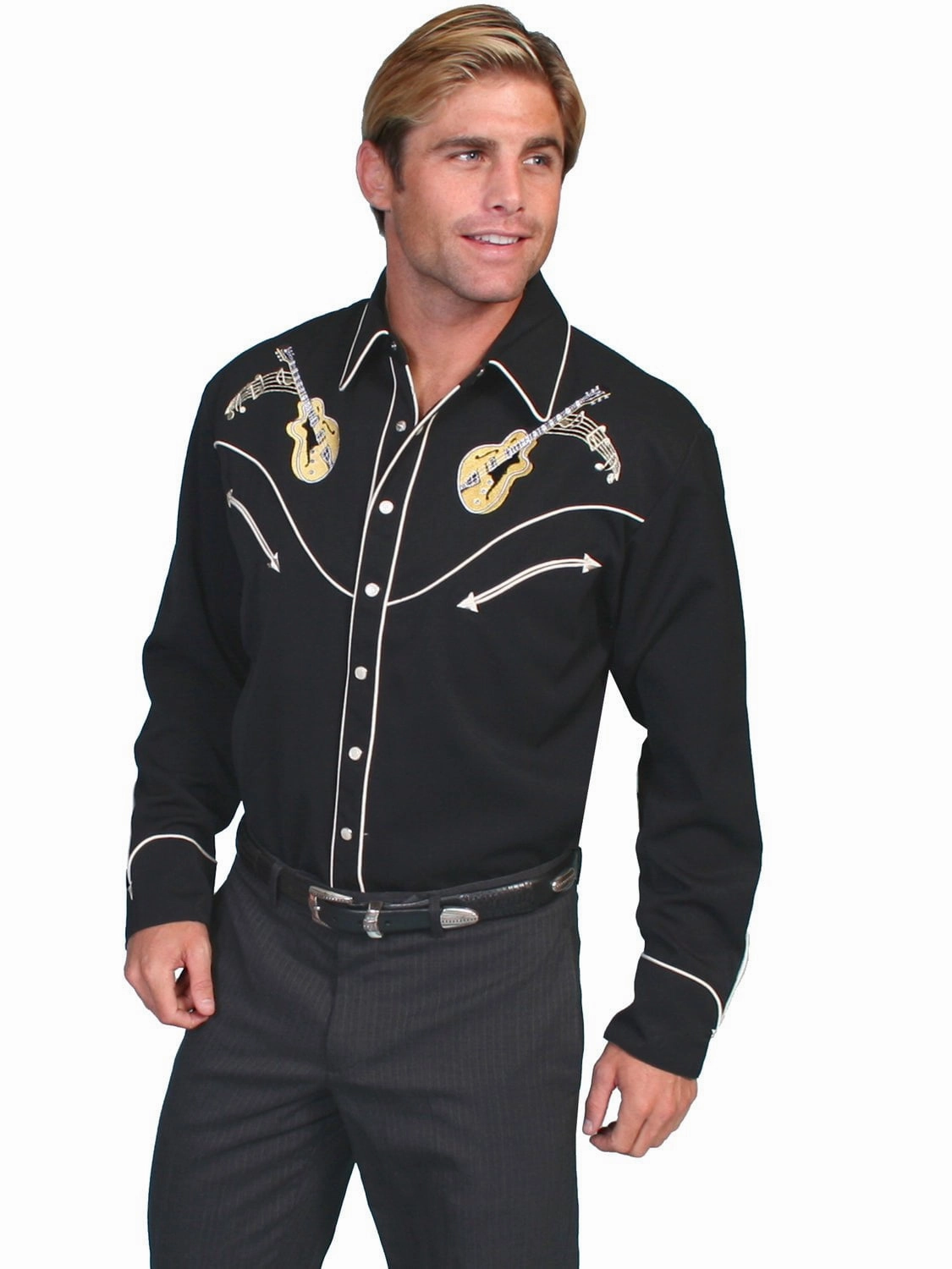Scully Western Mens Black Polyester L/S Big Guitar Western Shirt 3X Anti Odor Treatment