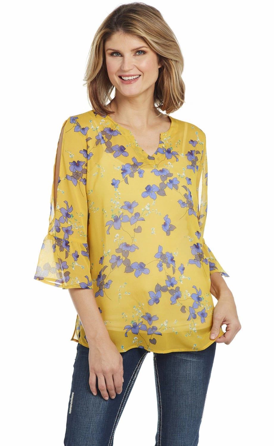 Earthy Palette Earthy Hue Cowgirl Up Womens Yellow Floral Polyester Bell Sleeve Tunic S/S