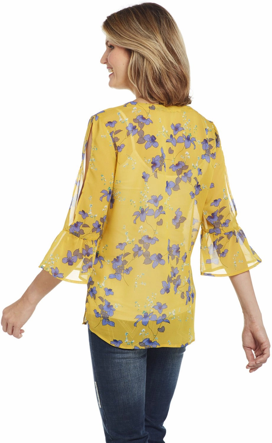 Cowgirl Up Womens Yellow Floral Polyester Bell Sleeve Tunic S/S Outdoor Adventure Effortless Style