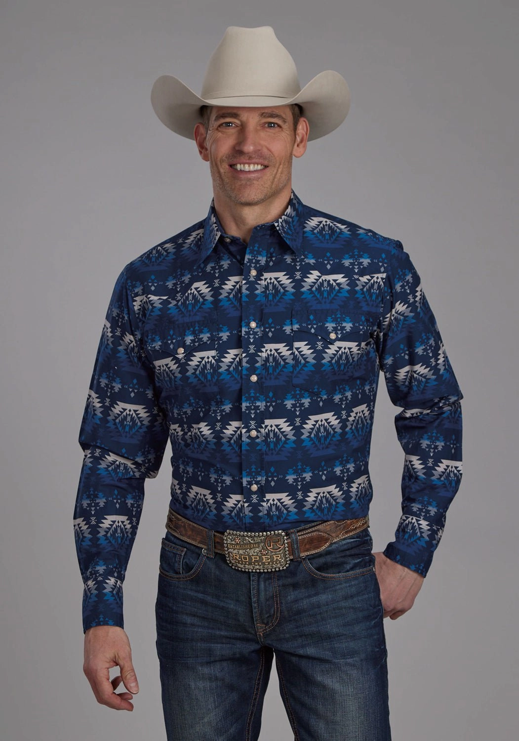 Roper Mens 2168 Ombre Aztec Blue 100% Cotton L/S Shirt Bold Graphics Handcrafted Detail