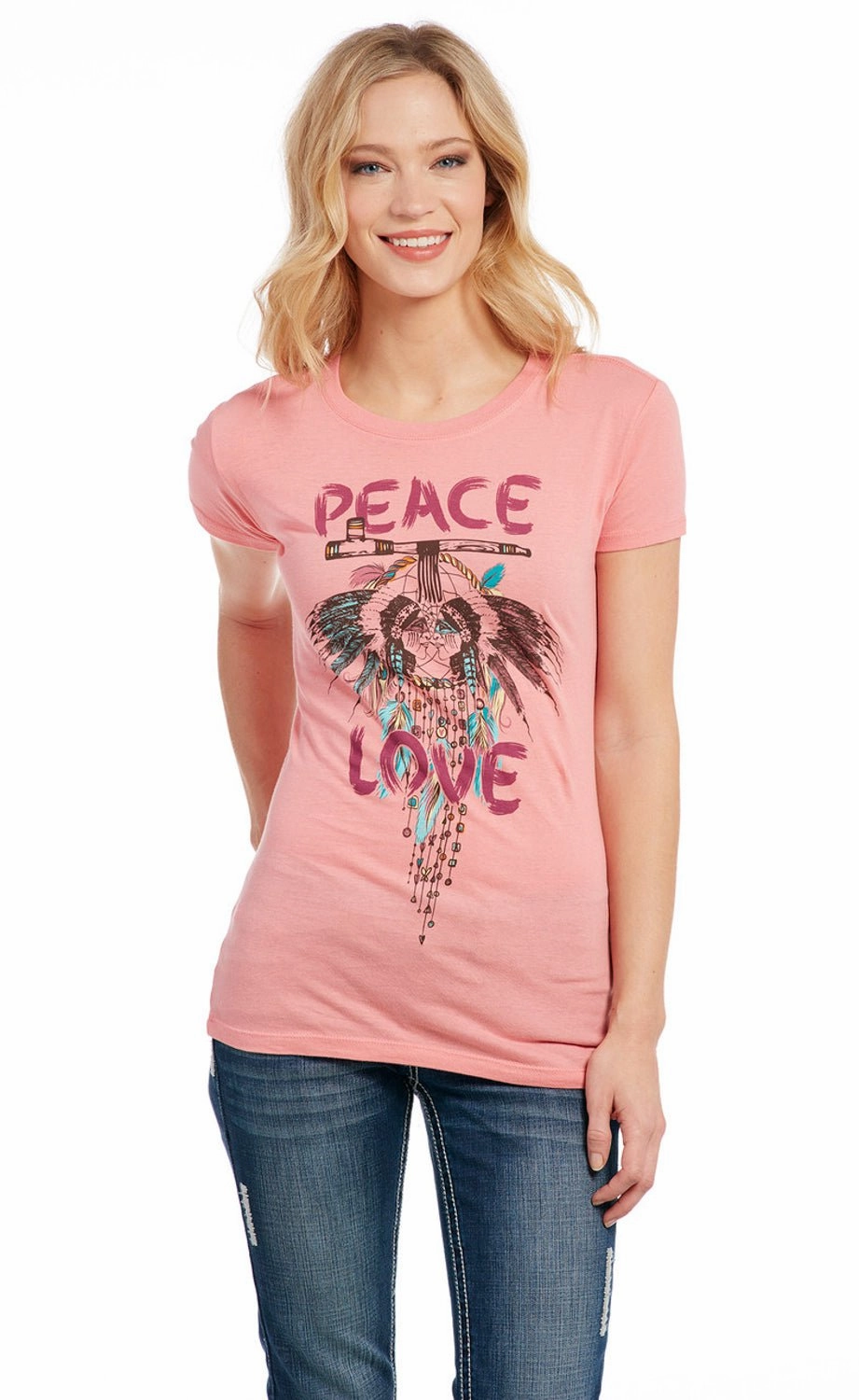 Cowgirl Up Womens Peace and Love Pink 100% Cotton S/S T-Shirt Laser Cut Edge Detail