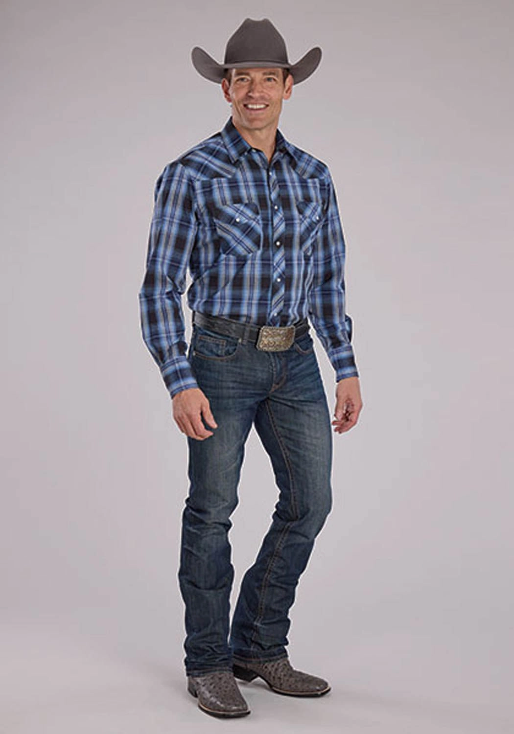 Hooded Neckline Year-Round Favorite Roper Mens 2482 Western Plaid Carolina Blue Cotton Blend L/S Shirt