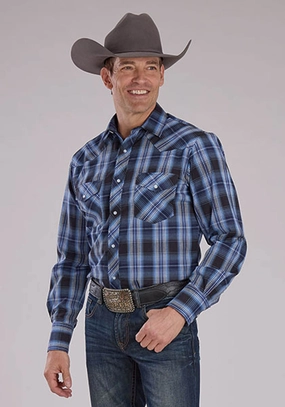 Trendsetter Choice Roper Mens 2482 Western Plaid Carolina Blue Cotton Blend L/S Shirt