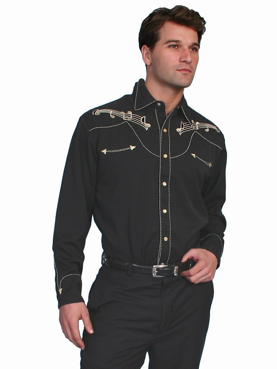 Ventilated Back Scully Mens Shirt Western Black Poly Blend Embroidered Music Note Snap L/S