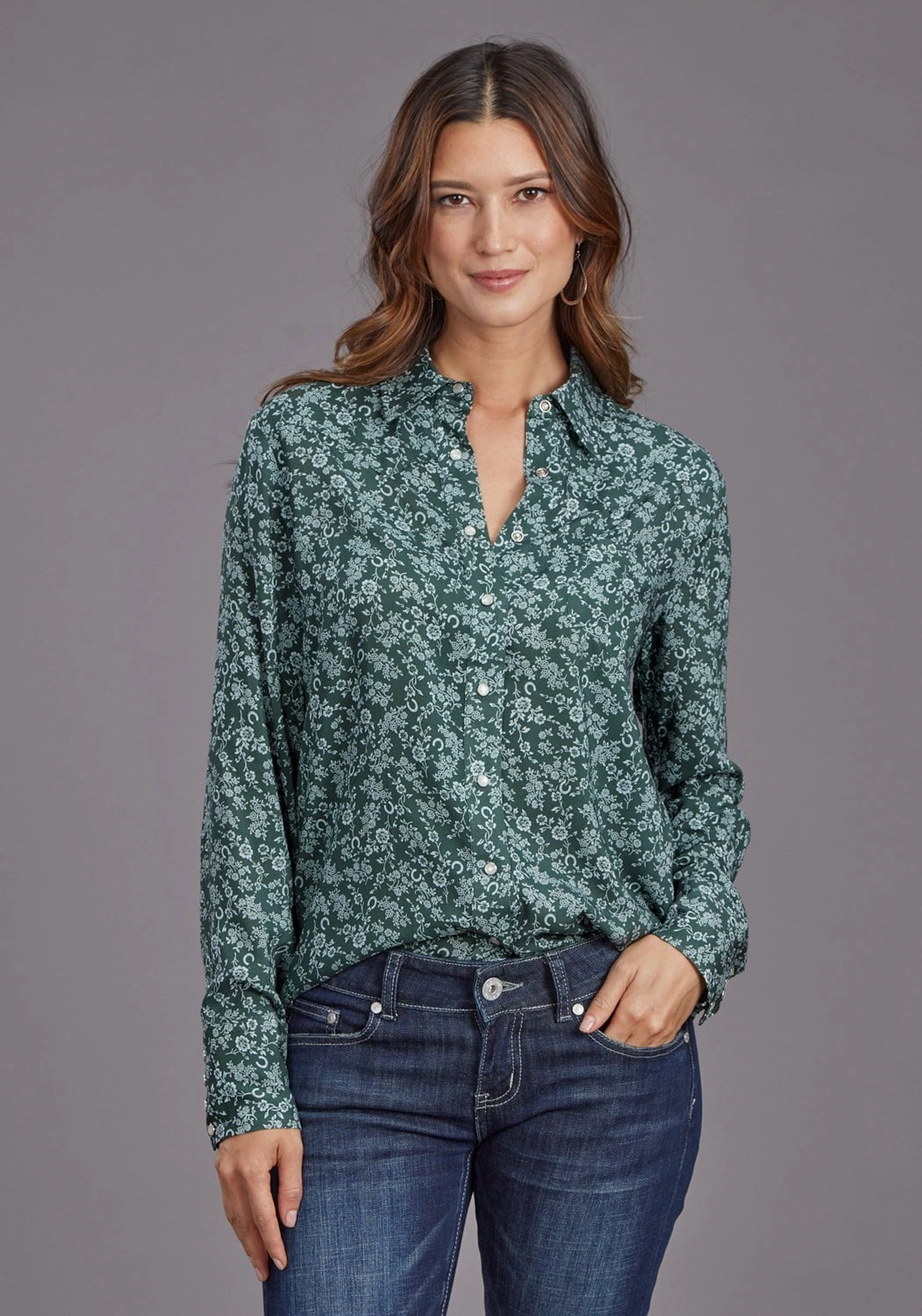 Stetson Womens Lucky Littl Floral Green 100% Rayon L/S Blouse Relaxed Silhouette Stylish Detail