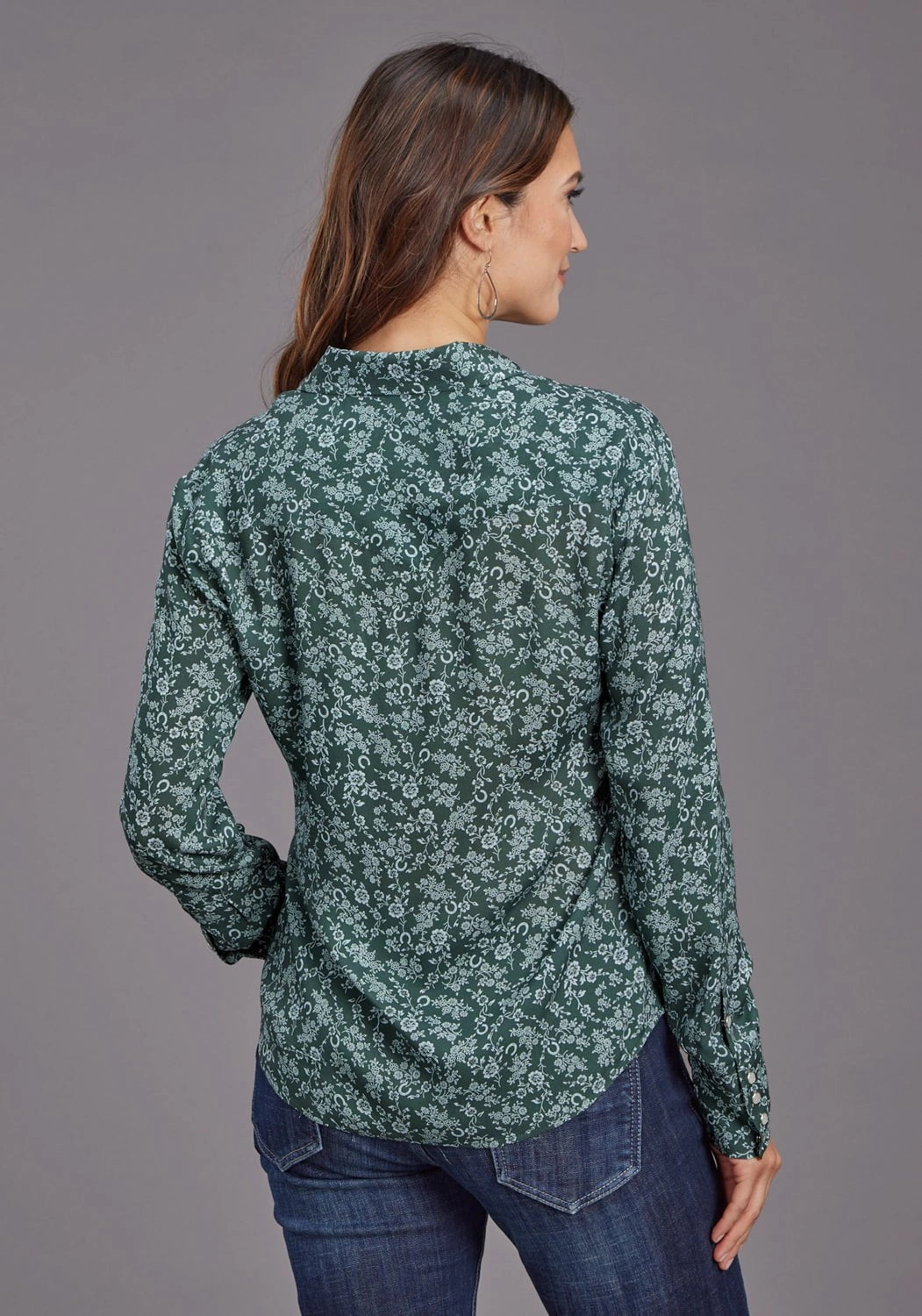 Stetson Womens Lucky Littl Floral Green 100% Rayon L/S Blouse Asymmetrical Cut Morning Comfort