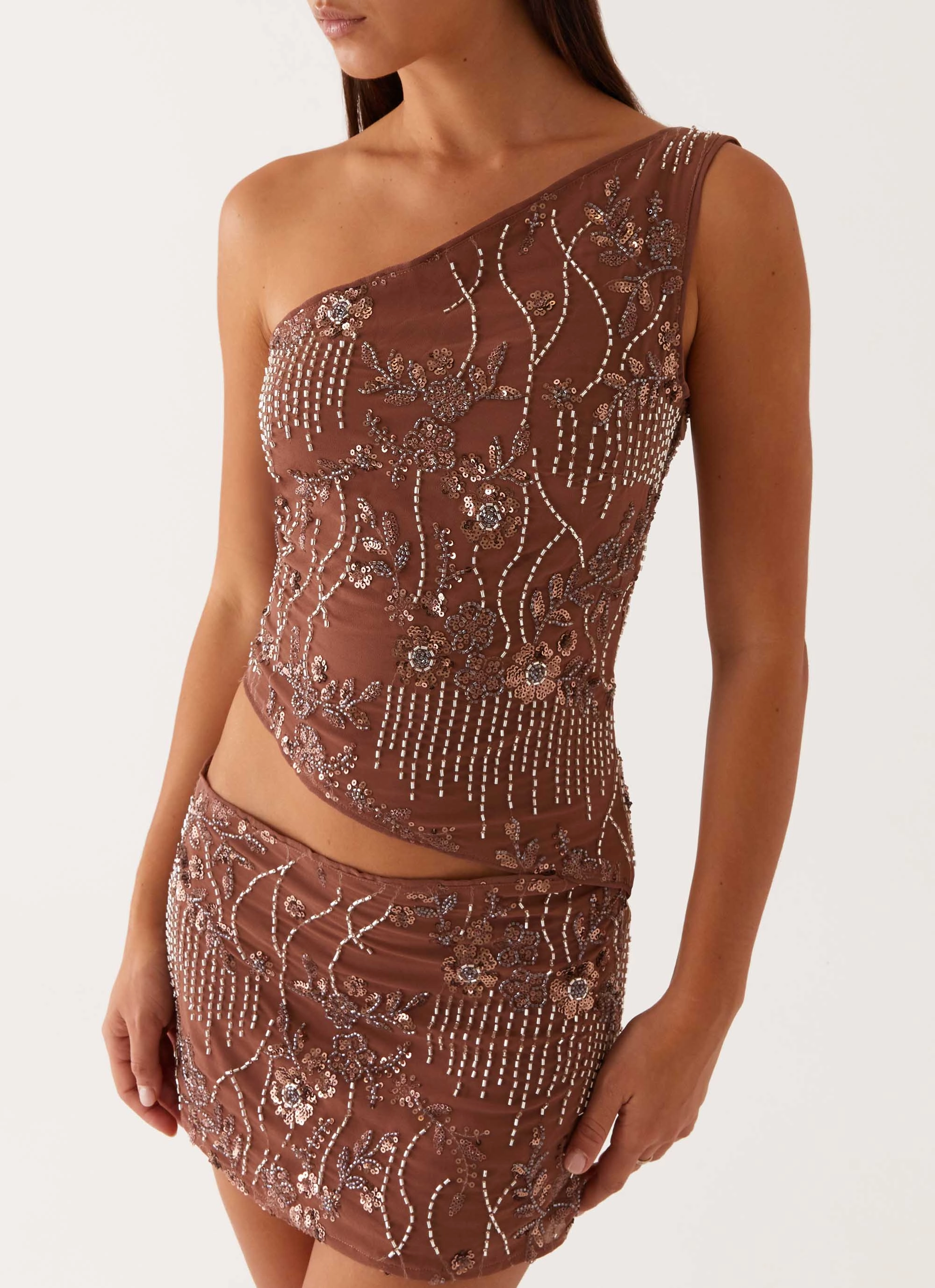 Breezy Fit Floor-Length Through The Night One Shoulder Mini Dress - Chocolate