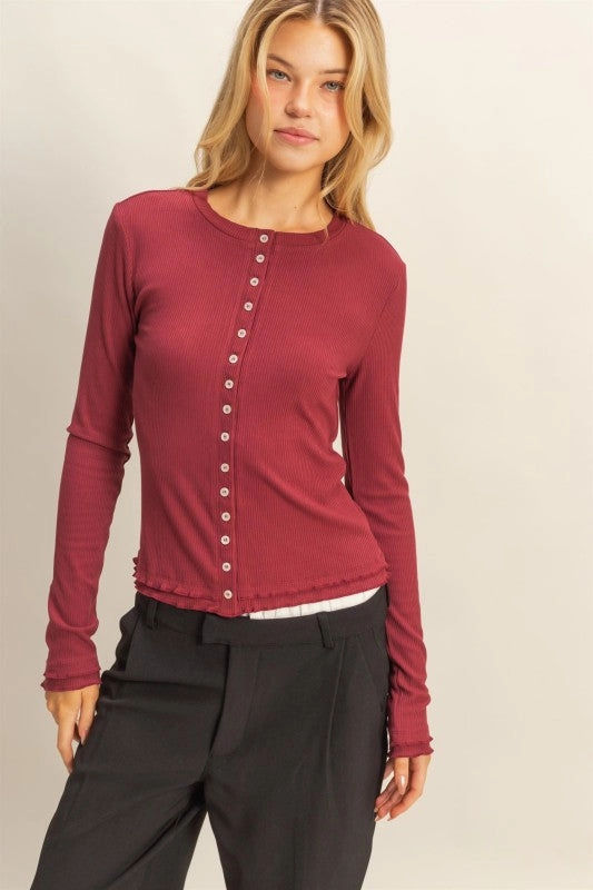 Lorelei Long Sleeve Ribbed Button Down Fashion Knit Top Modern Design ClassicCrewNeck