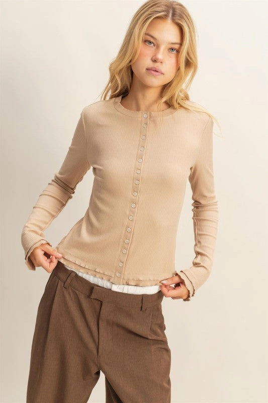 Lorelei Long Sleeve Ribbed Button Down Fashion Knit Top DoubleLayered Collar