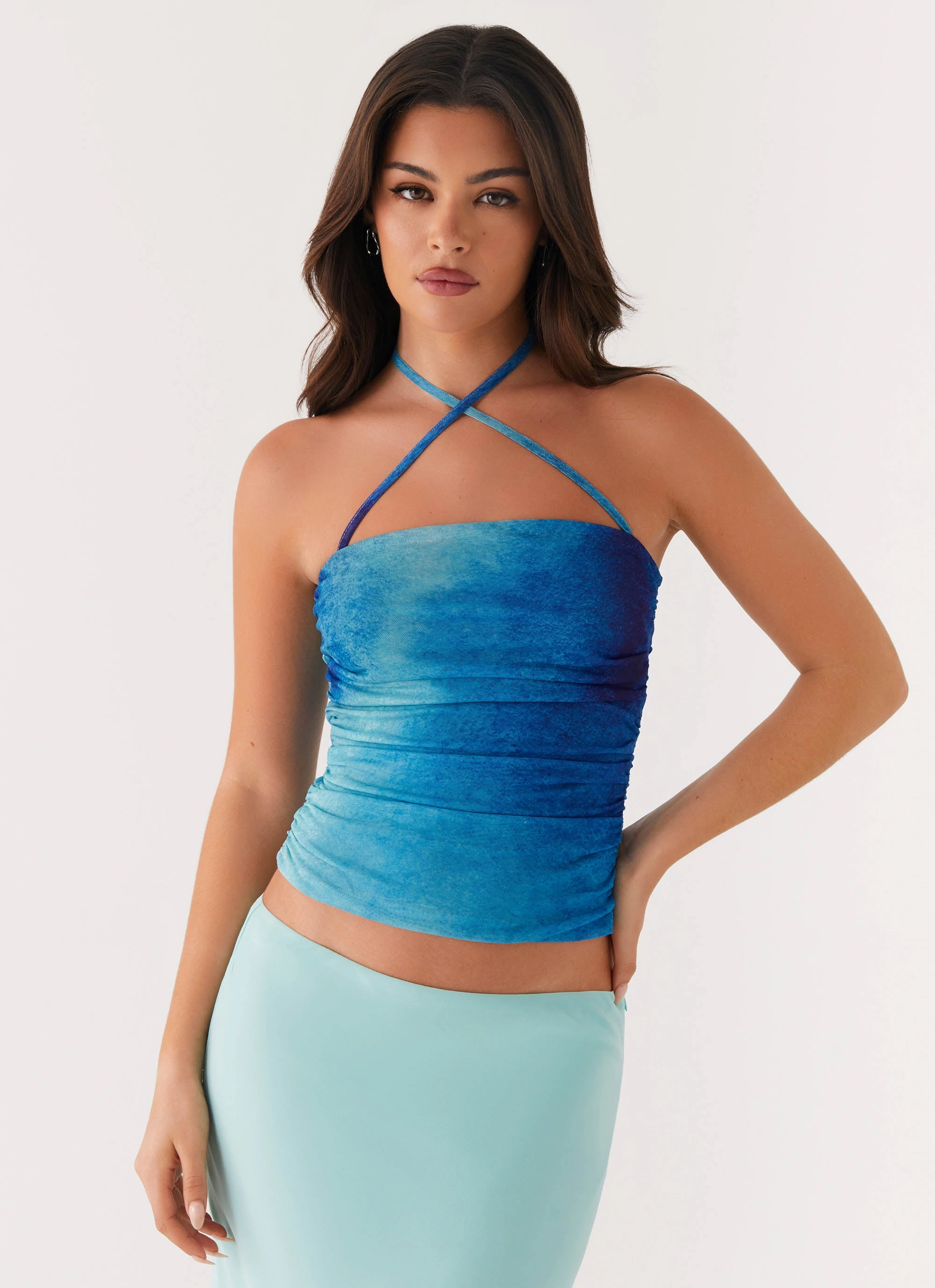 Remedy Halter Top - Blue Tie Dye Lightweight insulation Hidden Ventilation Zones