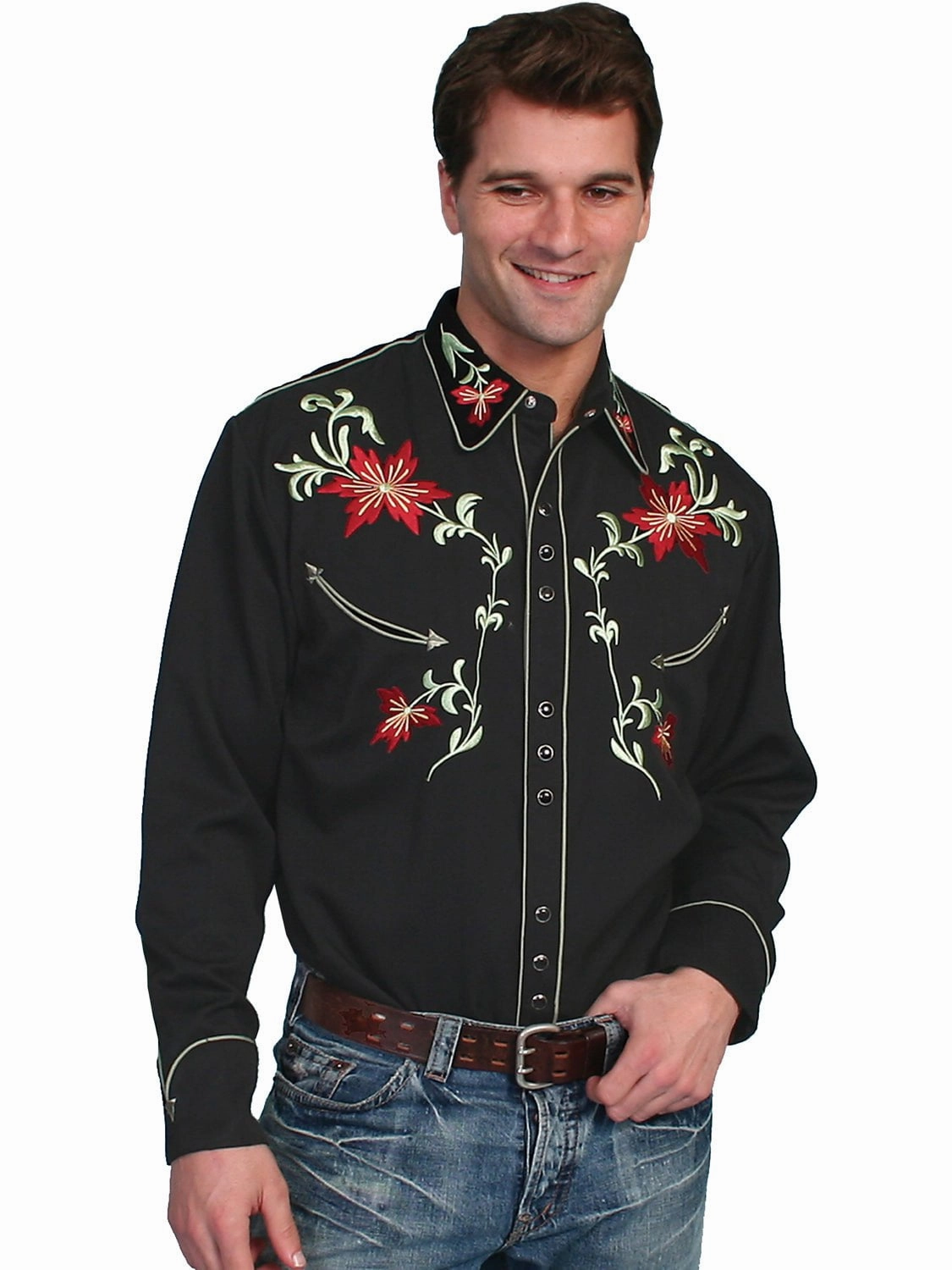 family gathering Scully Mens Shirt Western Black Poly Blend Embroidered Floral Arrow L/S