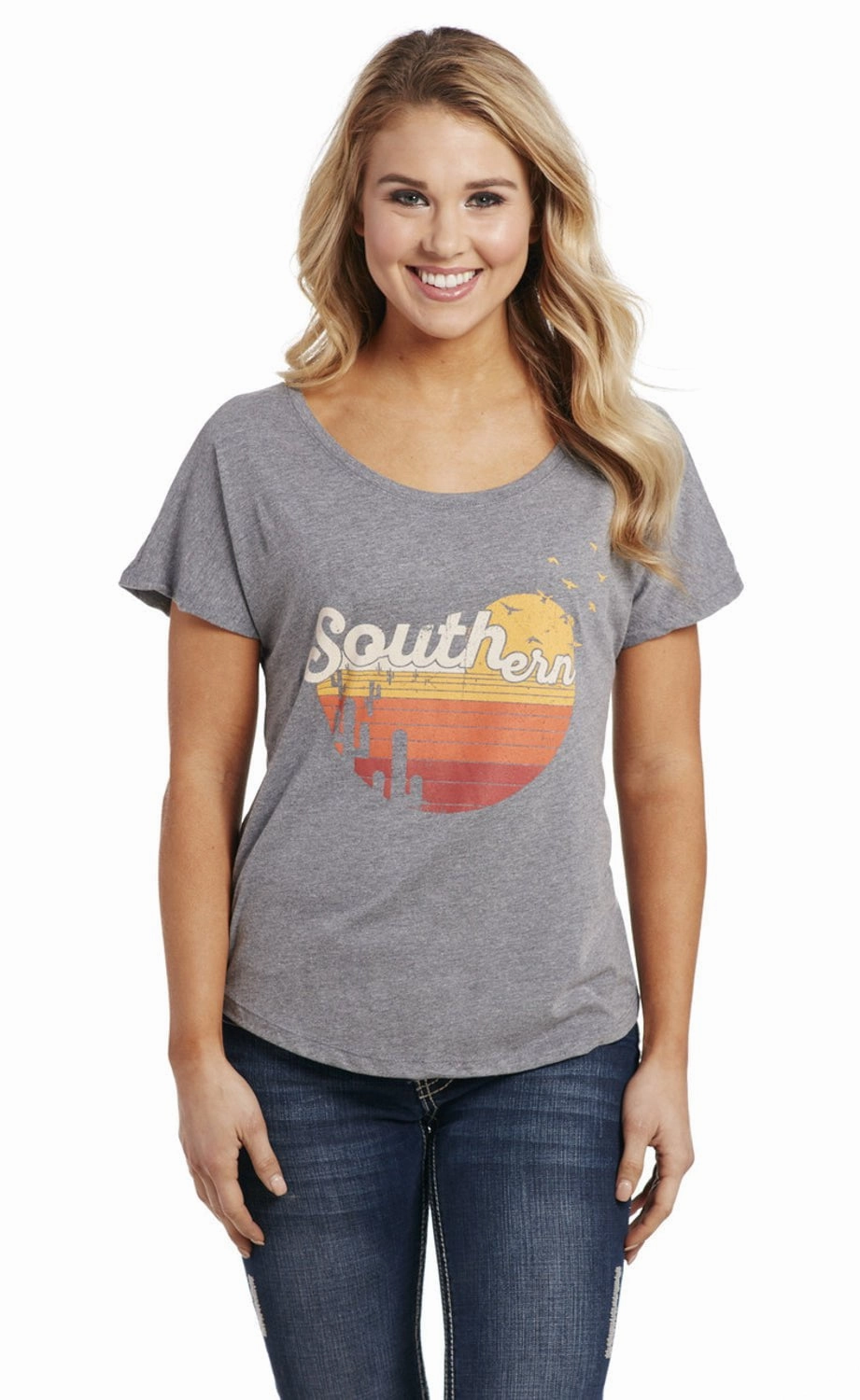 Cowgirl Up Womens Southern Scoop Heather Grey Cotton Blend S/S T-Shirt Printed design