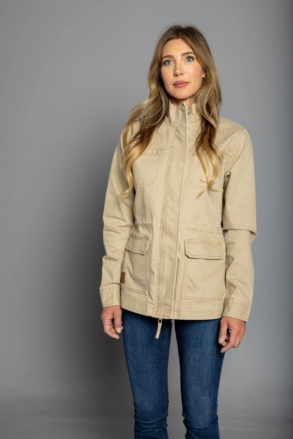 High Collar Design Neutral palette Kimes Ranch Womens Riggin Utility Khaki Cotton Blend Cotton Jacket