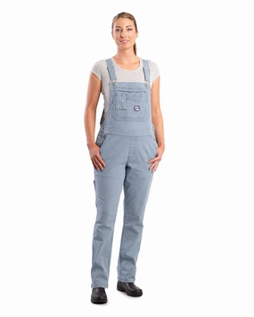 Berne Womens Vintage Washed Flex Hickory Stripe Cotton Blend Bib Overall Fringe Detail