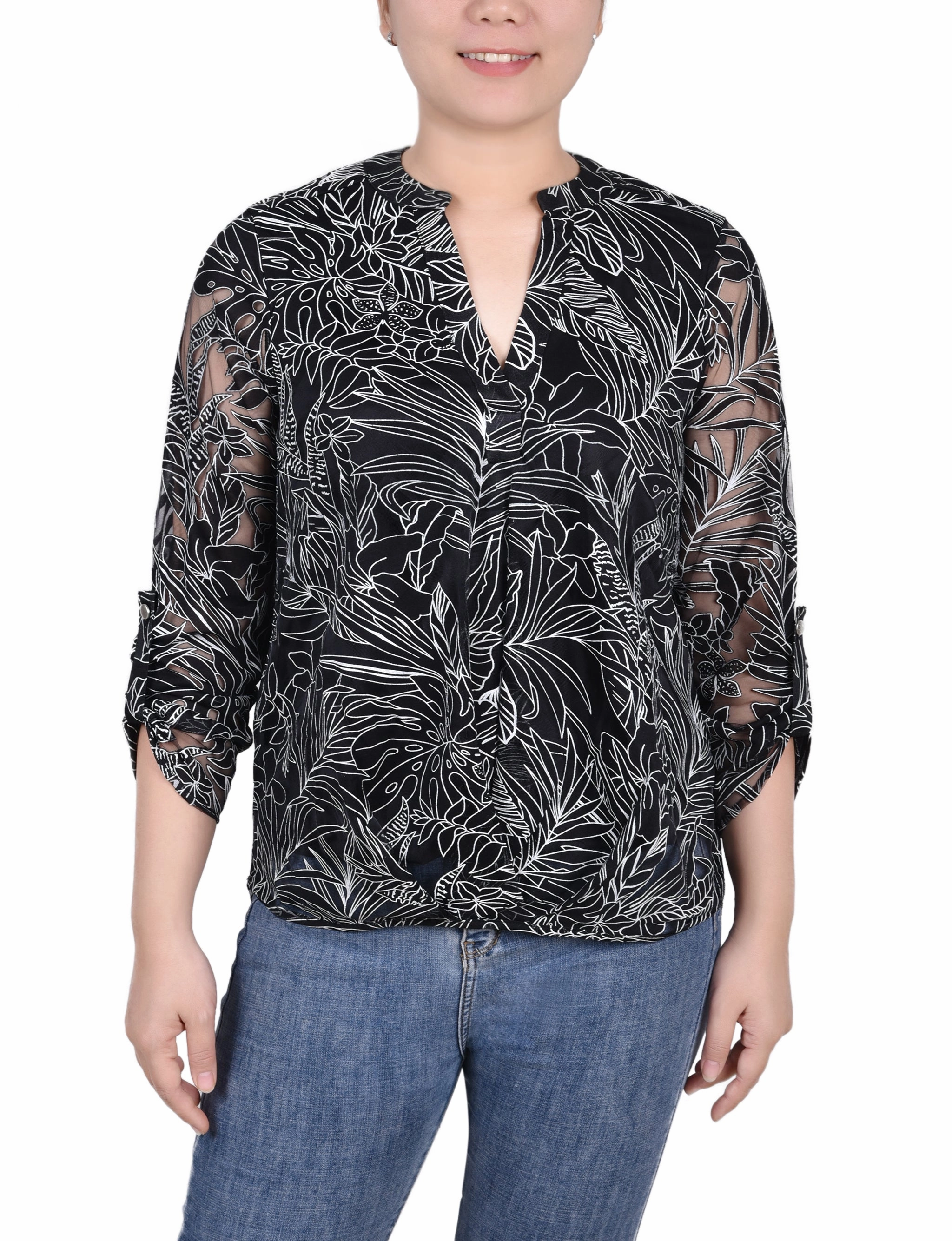 RecycledPolyesterBlend Long Sleeve Burnout Y Neck Blouse