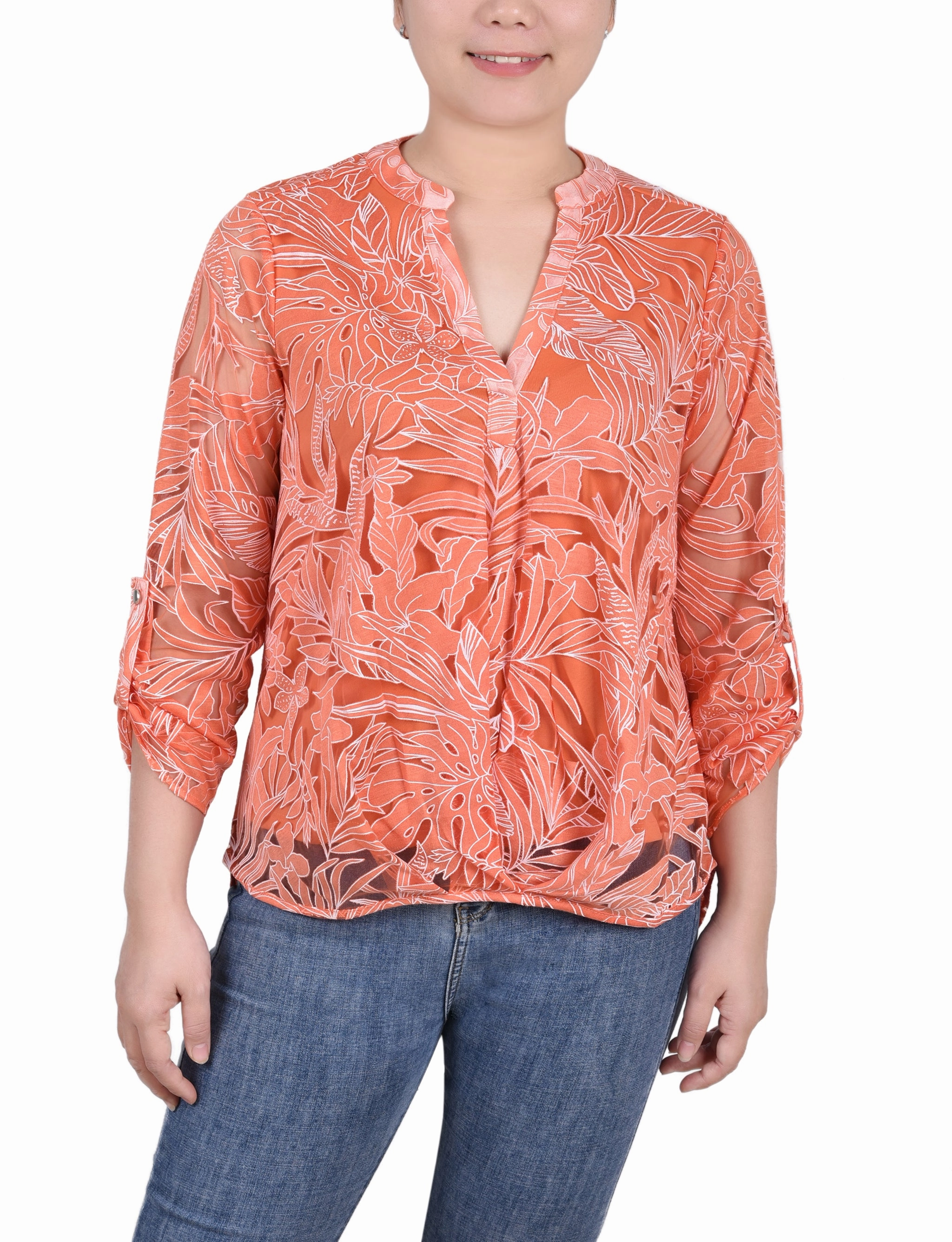 NonScratchSurface Breathable Ventilation Long Sleeve Burnout Y Neck Blouse