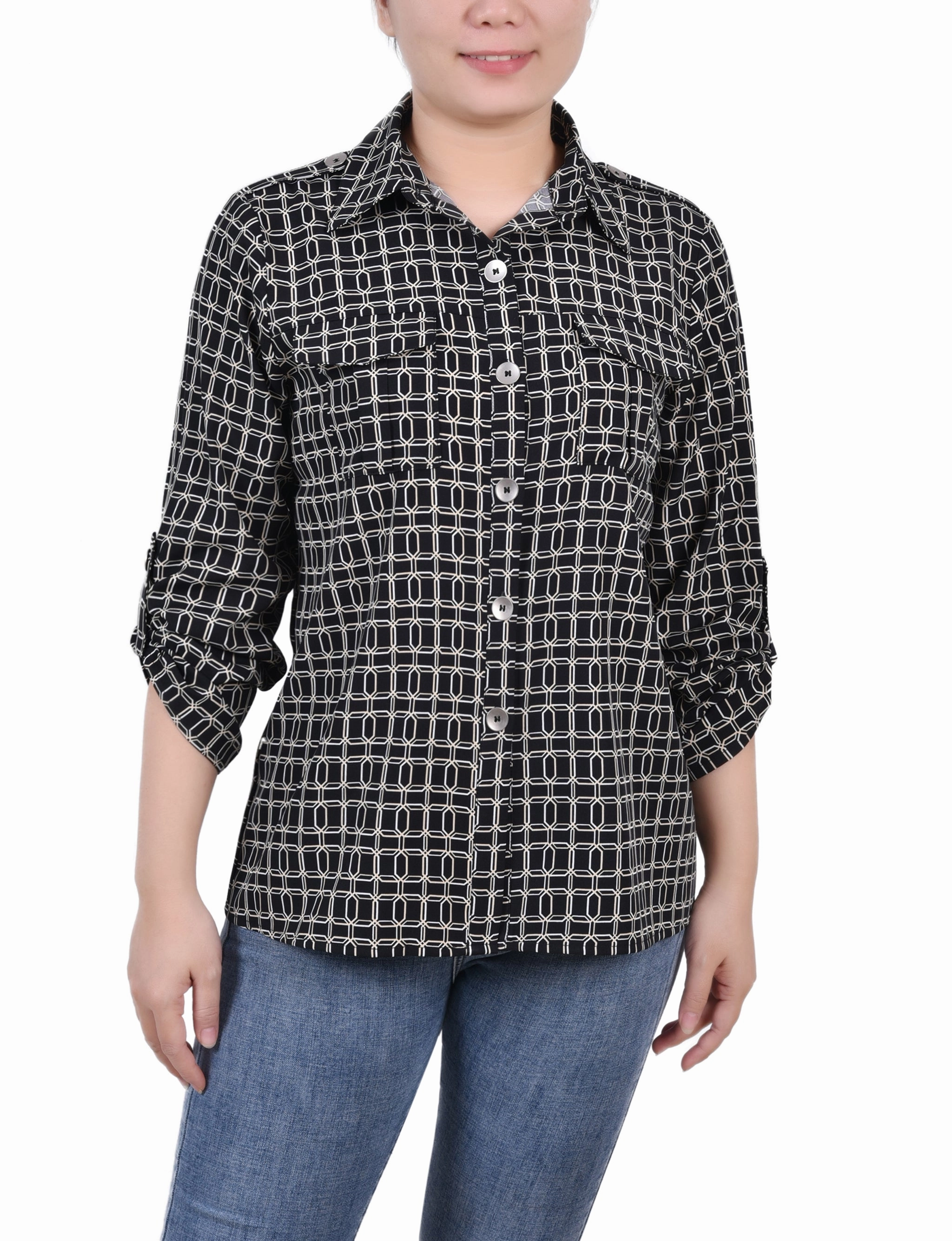 3/4 Sleeve Roll Tab Blouse Elasticated Trim