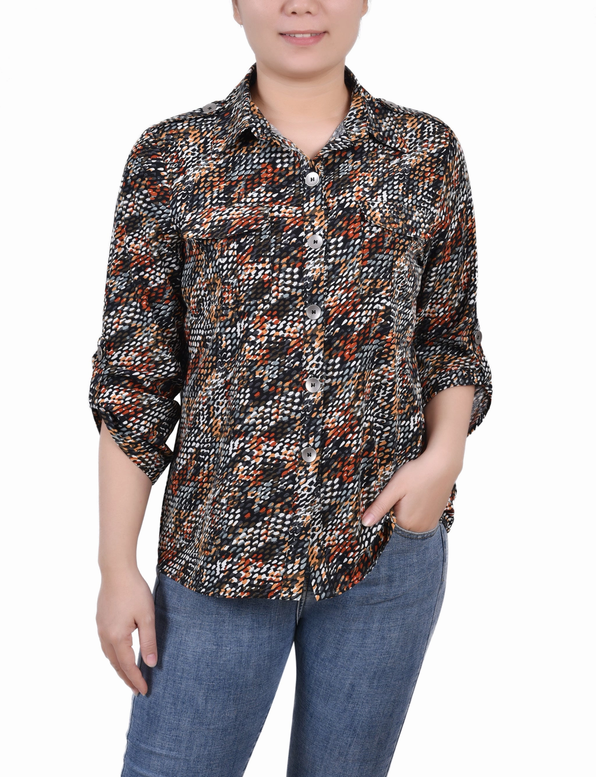 3/4 Sleeve Roll Tab Blouse HighCollar Design Reinforced Buttonholes