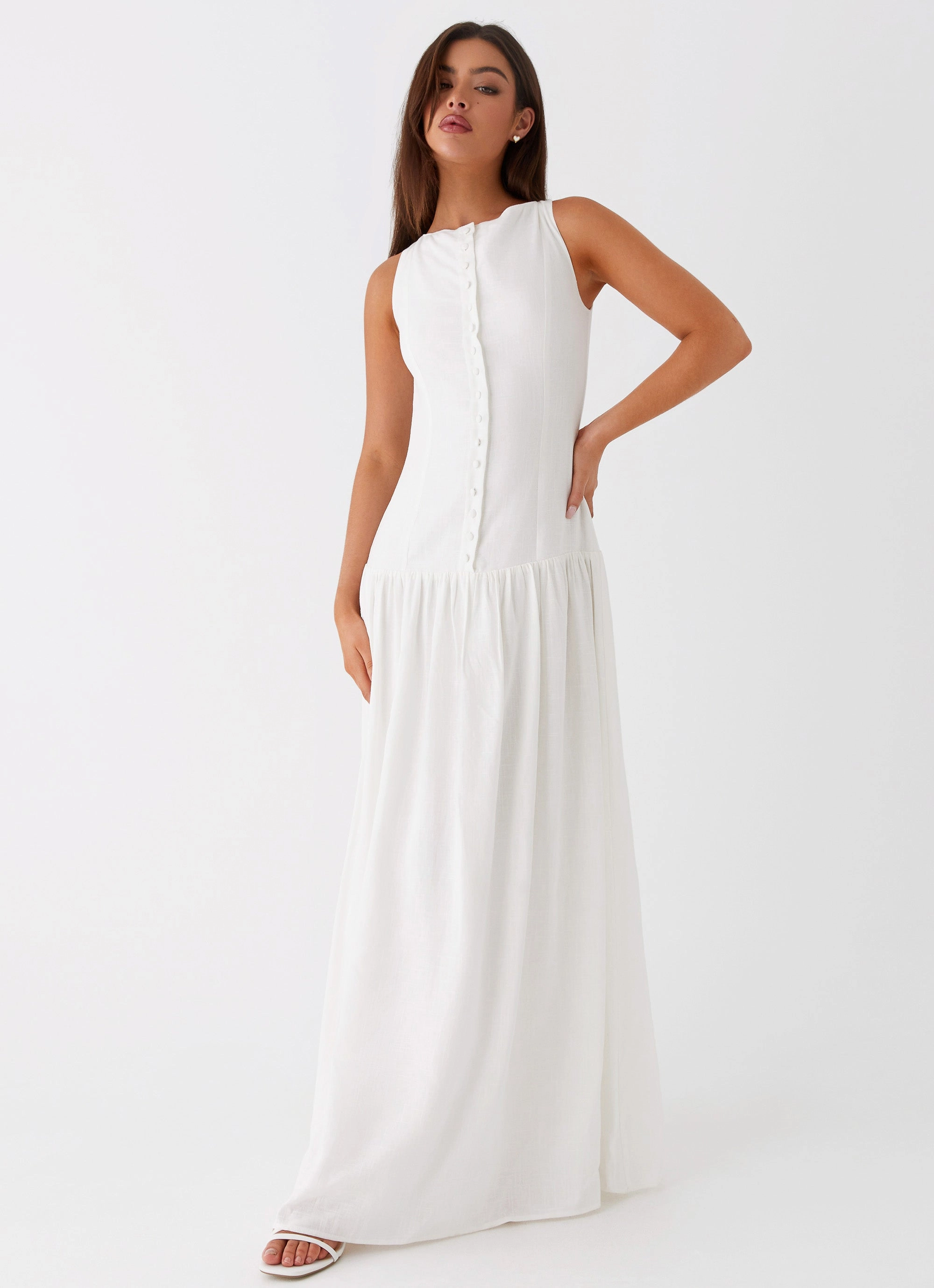 Double Layer Coat Meggie Linen Maxi Dress - White